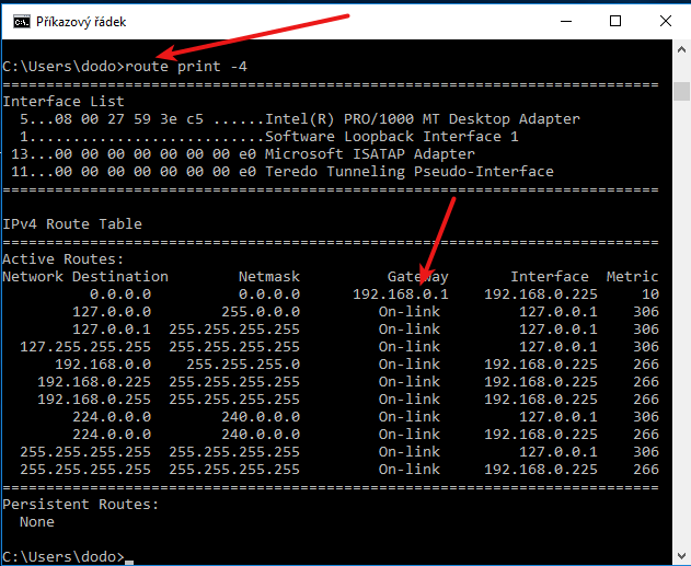  zjištění výchozí brány pomocí příkazu route